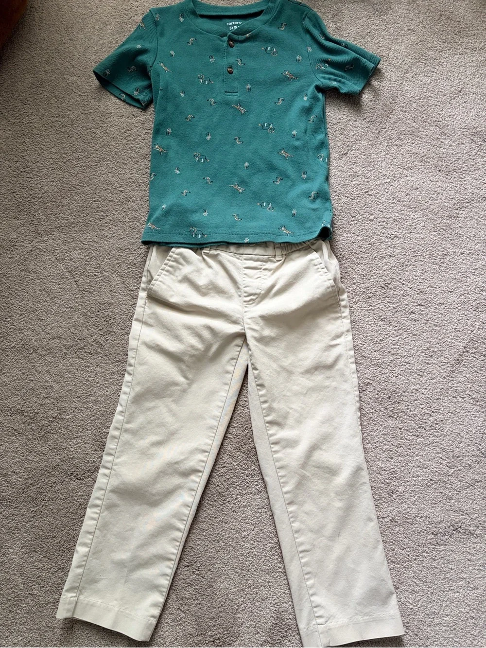 Carter's Teal Short-Sleeve Henley Polo with Tiny Print & Cream Pants Set